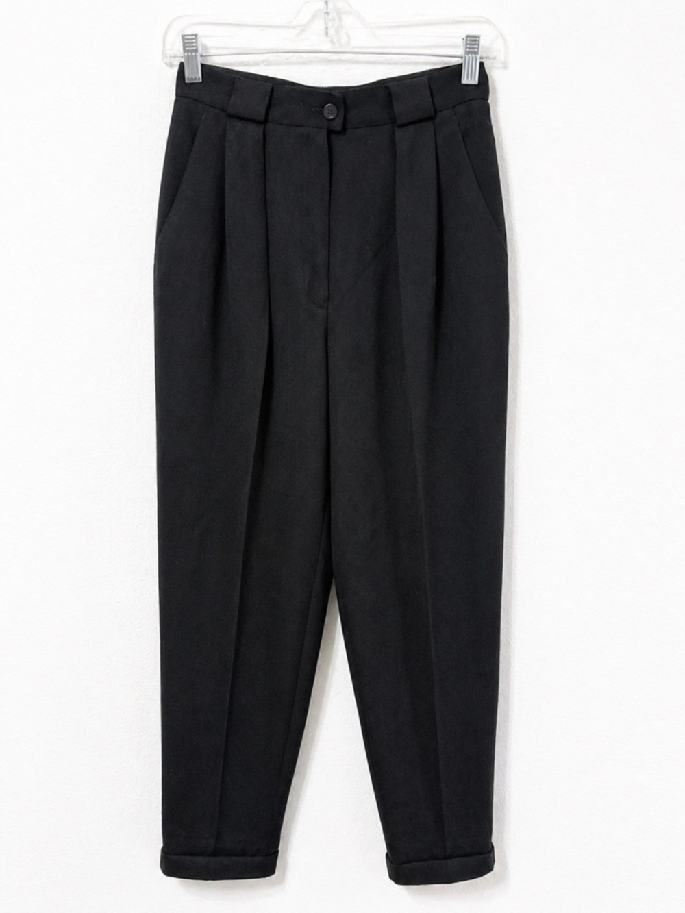Luxury Italian Merino Wool Pants Black High Waist Pleated Tapered Jones New York